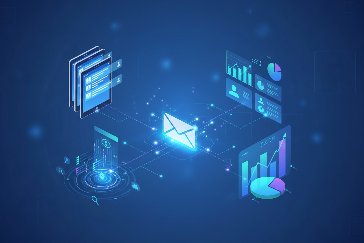 A glowing digital envelope icon is connected by lines to various data visualization panels and mobile device interfaces on a blue background.